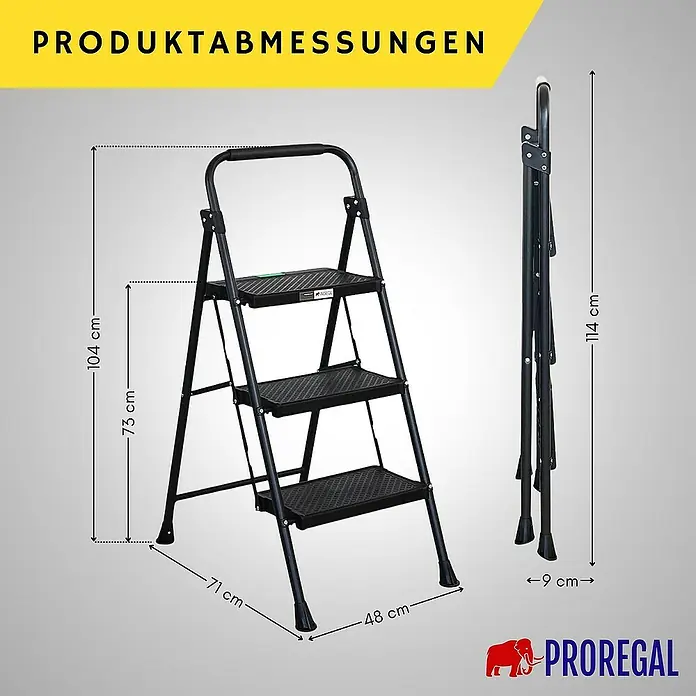 Proregal Klapptritt Profi-Trittleiter klappbar - Anzahl Tritte: 3 Stk., Arbeitshöhe: 2.500 mm, Belastbarkeit: 150 kg, Stahl - Produktabbildung einer schwarzen dreistufigen Leiter mit Maßangaben, sowohl aufgeklappt als auch zusammengeklappt.