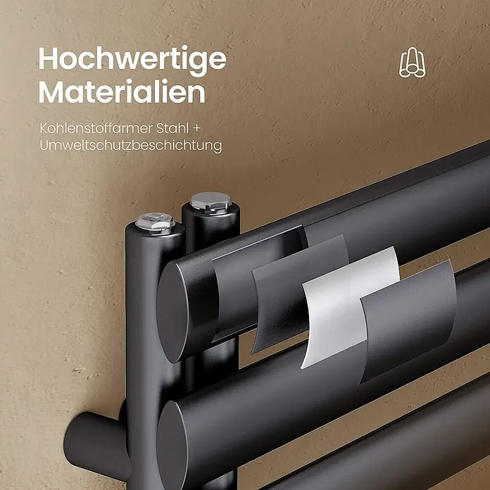 Emke Badheizkörper Elliptische Röhre Ignia SFTR4 - B x H: 40 x 143 cm, Anthrazit - Hochwertiger, schwarzer Heizkörper mit abblätternden Materialschichten, die die Konstruktion aus Kohlenstoffstahl zeigen.