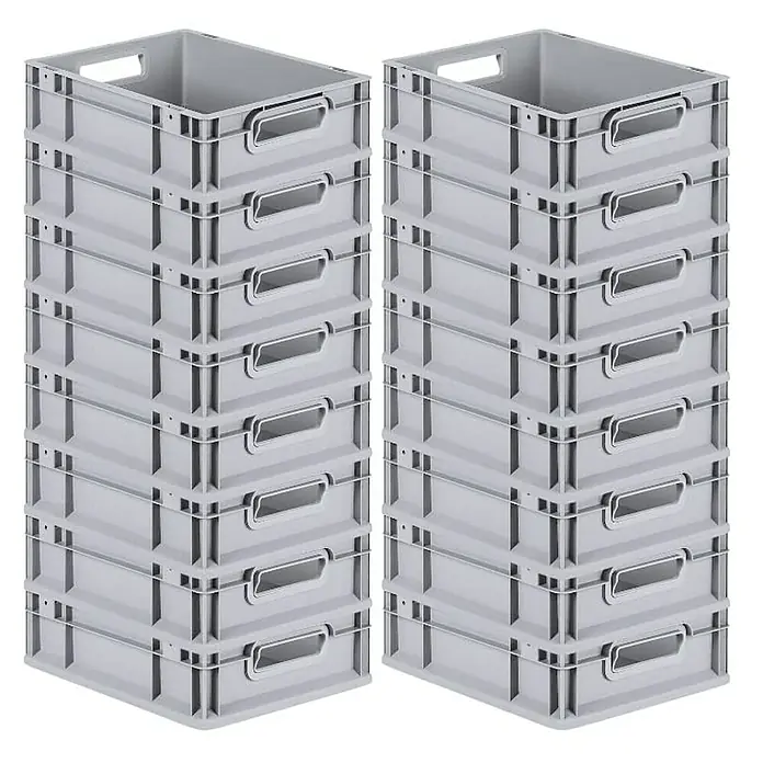 Proregal Euroboxen-Set 16x Eurobox NextGen Grip - L x B x H: 40 x 30 x 12 cm, Kunststoff, Grau, 16 Stk. - Zwei Stapel grauer Kunststoffbehälter mit Griffen. Sie eignen sich ideal für die Lagerung und den Transport verschiedener Gegenstände.