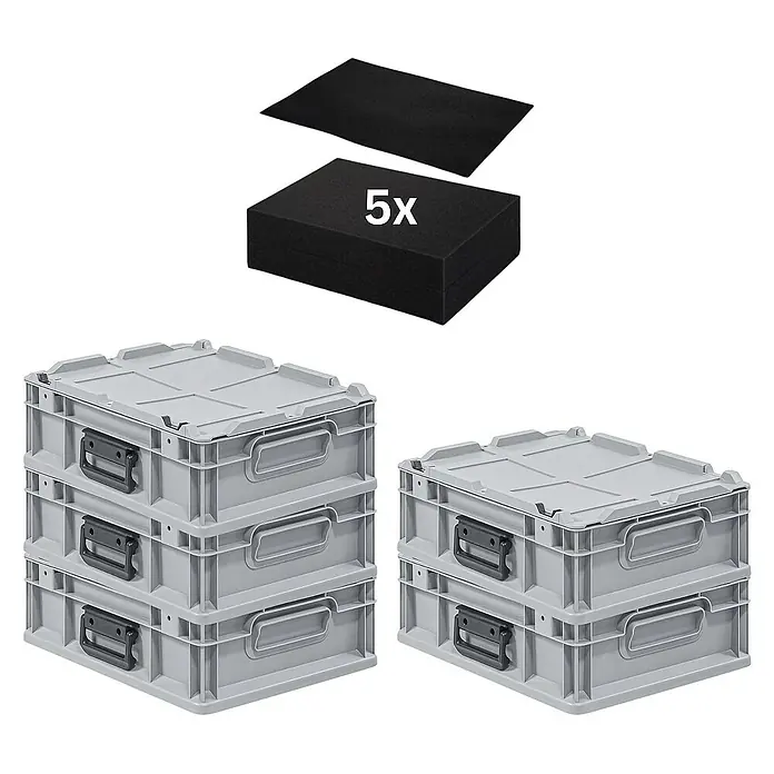 Proregal Euroboxen-Set 5x Eurobox NextGen Portable mit Rasterschaumstoff & Schaumstoffeinlage - Kunststoff, Grau, 5 Stk. - Bild von grauen Lagerkisten mit Deckel, die gestapelt sind und ein schwarzes Schaumstoffpolster für einen organisierten und effizienten Stauraum zeigen.