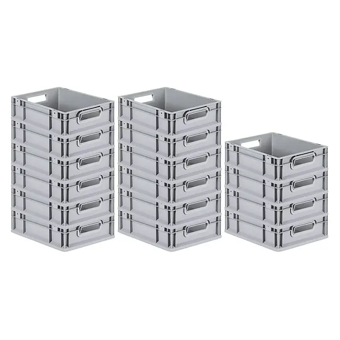 Proregal Euroboxen-Set 16x Eurobox NextGen Grip - L x B x H: 40 x 30 x 12 cm, Kunststoff, Grau, 16 Stk. - Eine Aufnahme von drei Stapeln grauer Lagerboxen aus Kunststoff, die sich ideal für die Organisation und Lagerung eignen.