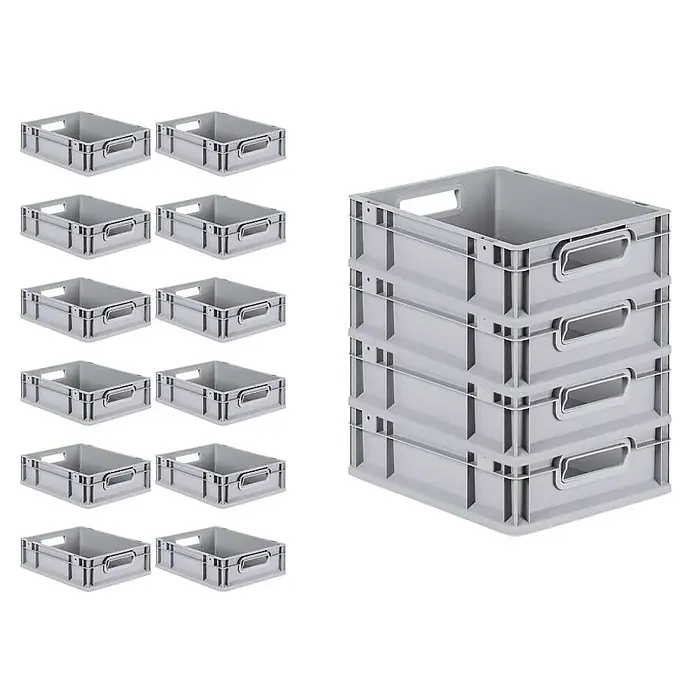 Proregal Euroboxen-Set 16x Eurobox NextGen Grip - L x B x H: 40 x 30 x 12 cm, Kunststoff, Grau, 16 Stk. - Das Bild zeigt zehn graue, leere Lagerkästen und einen Stapel aus vier Lagerkästen. Praktische Boxen für eine ordentliche Lagerung.