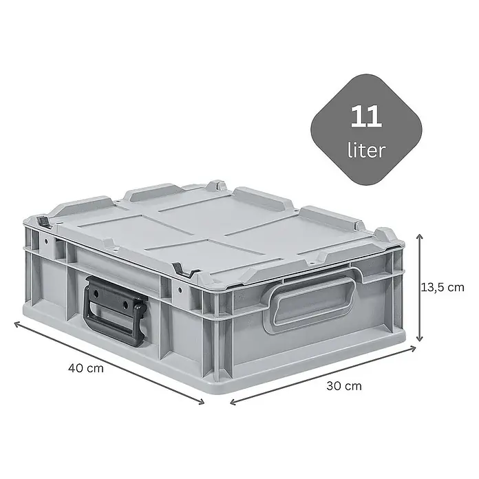 Proregal Euroboxen-Set 5x Eurobox NextGen Portable mit Rasterschaumstoff & Schaumstoffeinlage - Kunststoff, Grau, 5 Stk. - Abbildung einer grauen 11-Liter-Kunststoffbox mit den Maßen 40 x 30 x 13,5 cm, ideal für Lagerung und Transport.