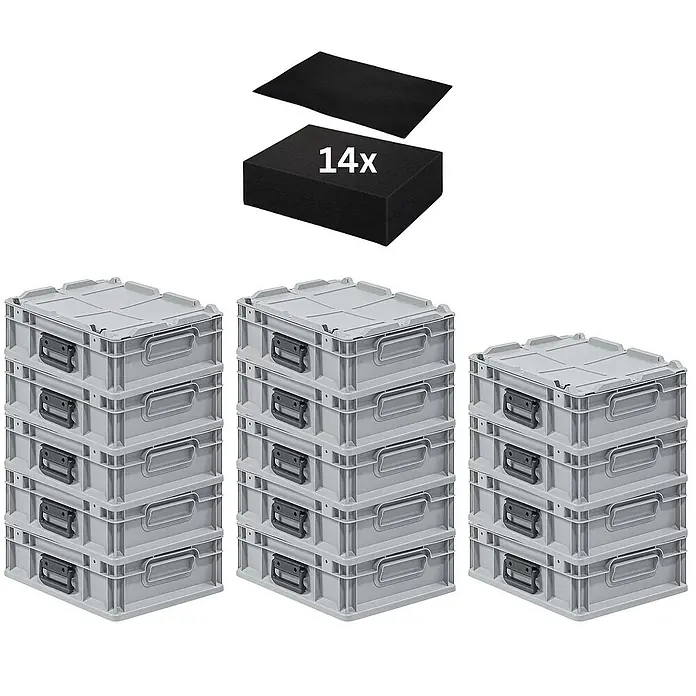 Proregal Euroboxen-Set 14x Eurobox NextGen Portable mit Rasterschaumstoff & Schaumstoffeinlage - L x B x H: 40 x 30 x 13,5 cm, Kunststoff, Grau, 14 Stk. - Bild von grauen Lagerboxen mit Deckel und schwarzen Schaumstoffeinlagen, die für Ordnung und Organisation sorgen.\n