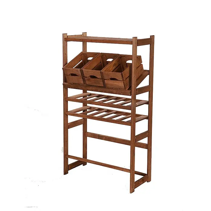 Proregal Flaschenregal & Weinregal SPREEWALD für 12 Flaschen - L x B x H: 33 x 70 x 124 cm, Holz - Hölzernes Verkaufsregal mit drei Ablagekörben und zwei Regalböden für die Warenpräsentation.