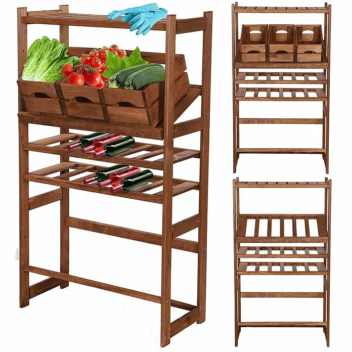 Proregal Flaschenregal & Weinregal SPREEWALD für 12 Flaschen - L x B x H: 33 x 70 x 124 cm, Holz - Bild eines braunen Holzregals mit Gemüse, Wein und blauen Handschuhen.