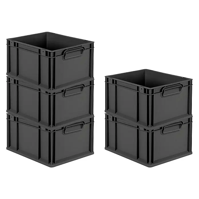 Proregal Euroboxen-Set 5x Eurobox NextGen Grip - L x B x H: 40 x 30 x 22 cm, Kunststoff, Schwarz, 5 Stk. - Gestapelte, graue Kunststoffboxen für Lagerung, ideal für Werkstatt oder Büro, mit praktischen Griffen zur einfachen Handhabung.
