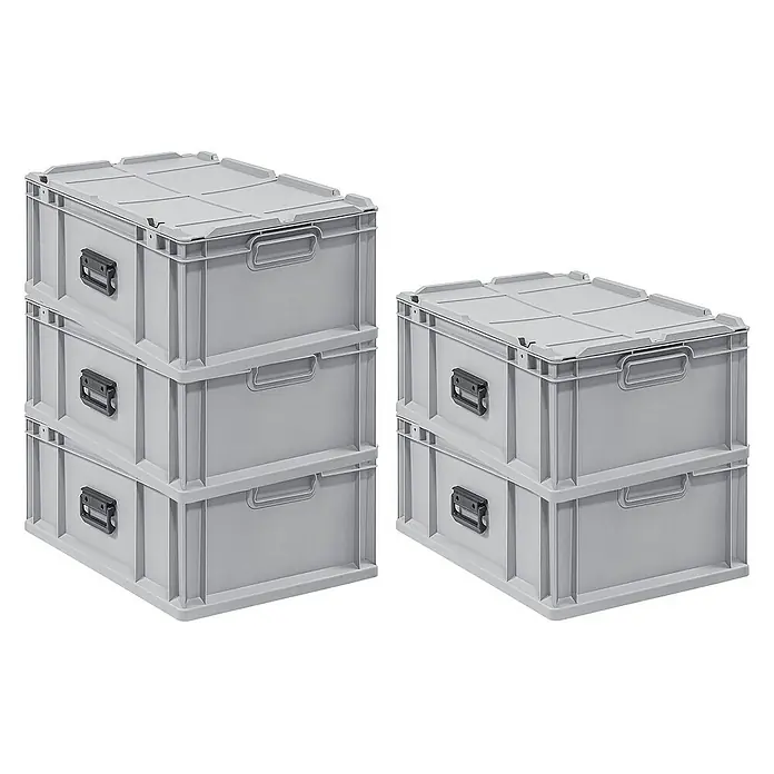 Proregal Euroboxen-Set 5x Eurobox NextGen Portable - L x B x H: 60 x 40 x 23,5 cm, Kunststoff, Grau, 5 Stk. - Drei graue Kunststoffboxen, die aufeinander gestapelt sind, und ein Stapel aus zwei grauen Boxen. Die Boxen haben Deckel und Griffe.