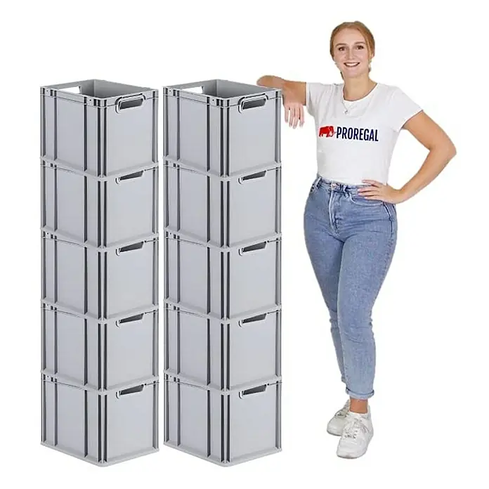 Proregal Euroboxen-Set 10x Eurobox NextGen Economy - Kunststoff, Grau, 10 Stk. - Zwei Stapel grauer Proregal-Aufbewahrungsboxen stehen neben einer Frau. Ideal für die Lagerung im Büro oder zu Hause.