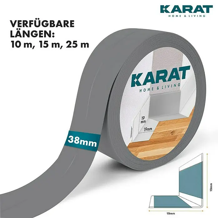 Floordirekt Weichsockelleiste Weichsockelleiste Riga Grau 19 x 19 mm - 25 m - Sonstige, Kleben - Bild einer grauen KARAT HOME & LIVING Kantenschutzrolle, erhältlich in 10 m, 15 m und 25 m Länge, mit einer Breite von 38 mm.