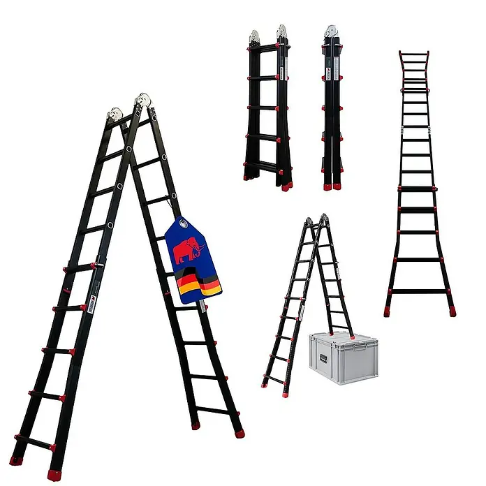 Proregal Mehrzweckleiter APOLLO 3-in-1 - Anzahl Tritte: 20 Stk., Arbeitshöhe: 6.500 mm, Belastbarkeit: 150 kg, Aluminium - Bild zeigt eine vielseitige Teleskopleiter in verschiedenen Konfigurationen, ideal für diverse Aufgaben.