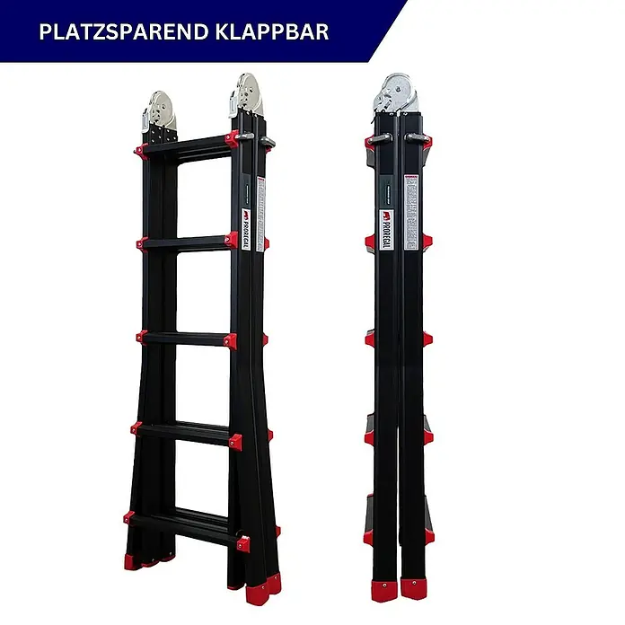 Proregal Mehrzweckleiter APOLLO 3-in-1 - Anzahl Tritte: 20 Stk., Arbeitshöhe: 6.500 mm, Belastbarkeit: 150 kg, Aluminium - Multifunktionsleiter, platzsparend klappbar, in Schwarz und Rot dargestellt. Ideal für den flexiblen Einsatz im Haus und Garten.