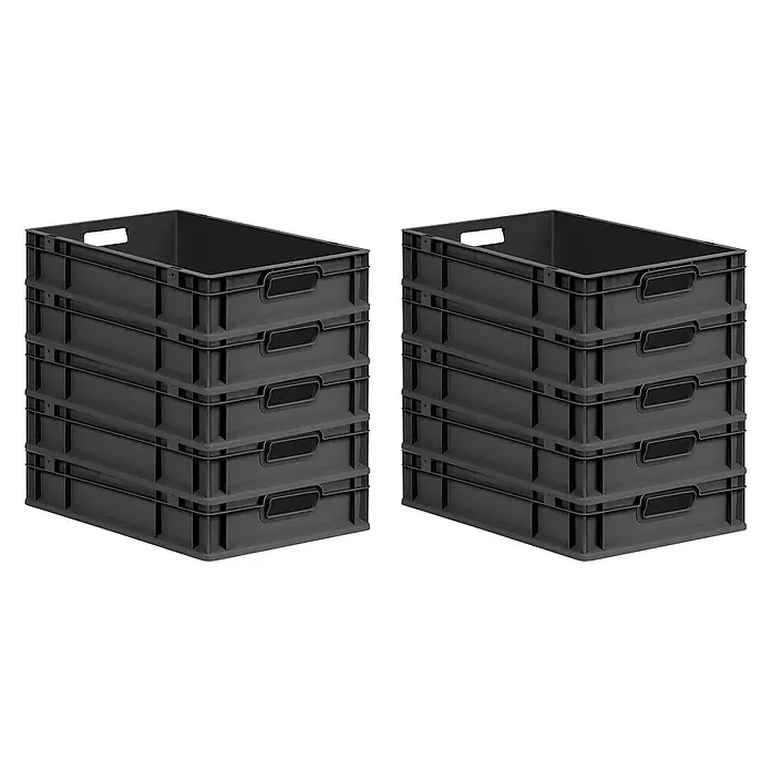 Proregal Euroboxen-Set 10x Eurobox NextGen Grip - L x B x H: 60 x 40 x 12 cm, Kunststoff, Schwarz, 10 Stk. - Zwei Stapel grauer Lagerbehälter aus Kunststoff. Praktische Aufbewahrungslösung für Lager und Werkstatt.