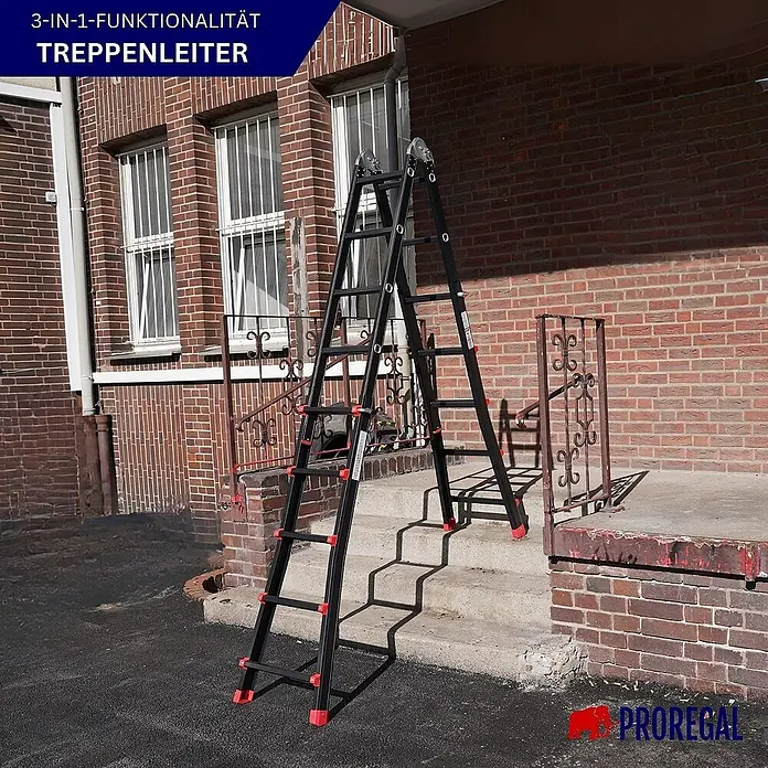 Proregal Mehrzweckleiter APOLLO 3-in-1 - Anzahl Tritte: 20 Stk., Arbeitshöhe: 6.500 mm, Belastbarkeit: 150 kg, Aluminium - Eine 3-in-1-Funktions-Treppenleiter von PROREGAL, die auf einer Außentreppe steht und vielseitige Einsatzmöglichkeiten bietet.