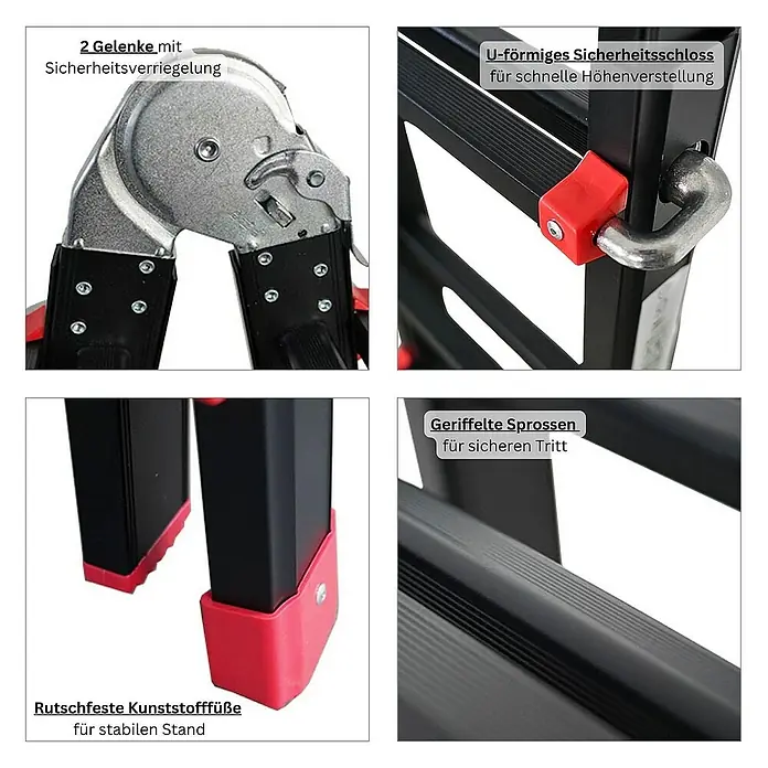 Proregal Mehrzweckleiter APOLLO 3-in-1 - Anzahl Tritte: 20 Stk., Arbeitshöhe: 6.500 mm, Belastbarkeit: 150 kg, Aluminium - Details der Mehrzweckleiter mit Fokus auf Gelenke, Schloss, Sprossen und rutschfeste Füße für sicheren Halt.