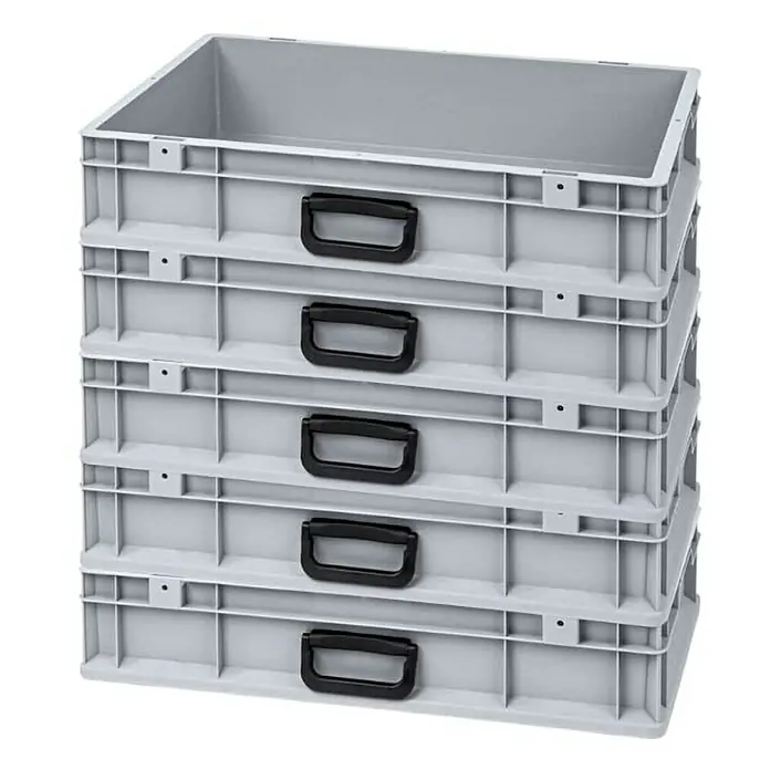Proregal Euroboxen-Set 5x Eurobox NextGen Portable Uno - L x B x H: 60 x 40 x 12 cm, Kunststoff, Grau, 5 Stk. - Stapel aus grauen Kunststoffbehältern mit schwarzen Griffen, ideal für Lagerung und Transport. Robuste Bauweise für vielseitige Einsatzmöglichkeiten.