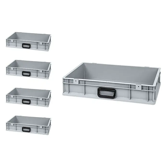 Proregal Euroboxen-Set 5x Eurobox NextGen Portable Uno - L x B x H: 60 x 40 x 12 cm, Kunststoff, Grau, 5 Stk. - Mehrere graue Kunststoffbehälter mit schwarzen Griffen sind aufgereiht und eignen sich ideal für Lager und Transport.