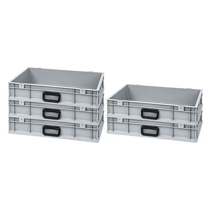 Proregal Euroboxen-Set 5x Eurobox NextGen Portable Uno - L x B x H: 60 x 40 x 12 cm, Kunststoff, Grau, 5 Stk. - Zwei Stapel grauer Kunststoffboxen mit schwarzen Griffen. Ideal zur Aufbewahrung und Organisation von Gegenständen.