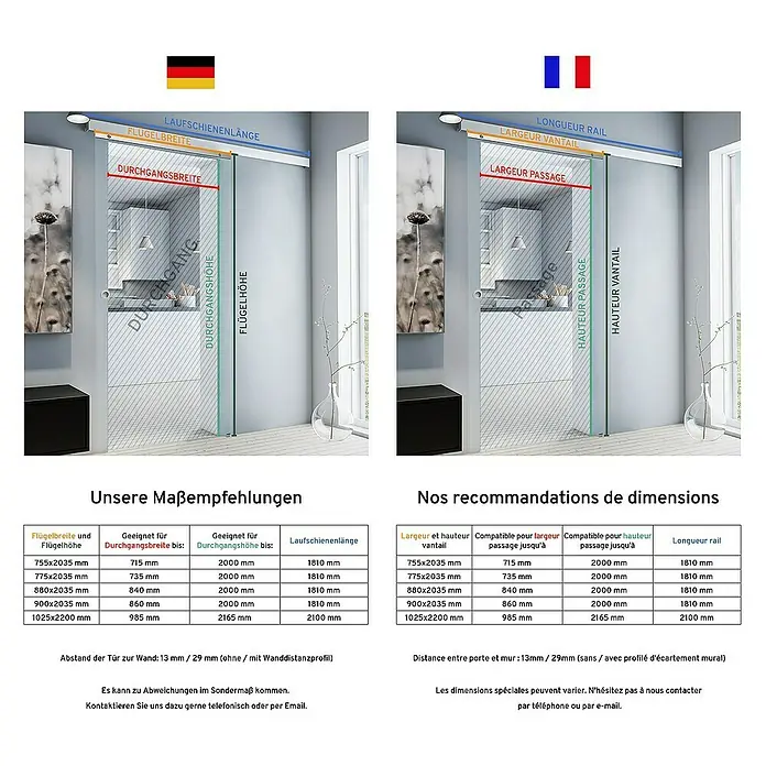 Inova Schiebetür-Komplettset Glasschiebetür ESG G teil satiniert 755 x 2035 mm - 755 x 2.035 mm - Slide door dimensions.