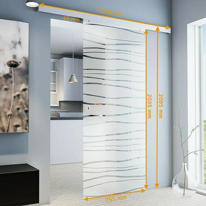 Inova Schiebetür-Komplettset Glasschiebetür ESG G teil satiniert 755 x 2035 mm - 755 x 2.035 mm - Bild einer Glasschiebetür mit den Maßen 2035 mm Höhe und 755 mm Breite, die mit einem stilvollen Wellenmuster versehen ist.