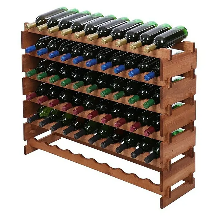 Proregal Flaschenregal Weinregal VINOTECA FLEX PRO für 60 Flaschen - L x B x H: 28 x 103 x 79 cm, Holz, Anzahl Böden: 6 Stk. - Ein braunes Holzweinregal mit mehreren Ebenen, gefüllt mit Weinflaschen, die mit farbigen Kapseln verschlossen sind.