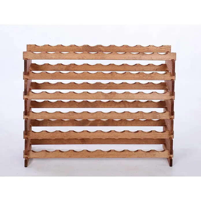 Weinregal VINOTECA FLEX PRO | HxBxT 79x103x28cm | 60 Flaschen auf 6 Ebenen | Massives Kiefernholz | Braun geölt -  - Das Bild zeigt ein hölzernes Weinregal mit mehreren Ebenen, das zur Aufbewahrung von Weinflaschen dient. Es ist schlicht und robust gebaut.