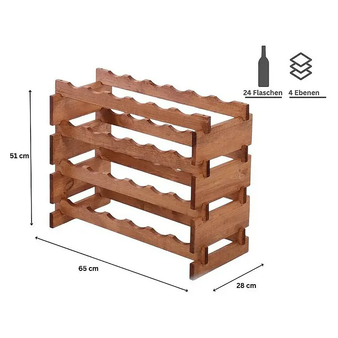 Weinregal VINOTECA FLEX PRO | HxBxT 51x65x28cm | 24 Flaschen auf 4 Ebenen | Massives Kiefernholz | Braun geölt -  - Weinflaschenregal aus Holz für 24 Flaschen und 4 Ebenen, Abmessungen: 51 cm Höhe, 65 cm Breite und 28 cm Tiefe.