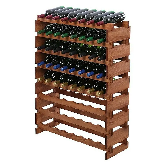 Proregal Flaschenregal Weinregal VINOTECA FLEX PRO für 68 Flaschen - L x B x H: 28 x 84 x 107 cm, Holz, Anzahl Böden: 8 Stk. - Ein braunes Weinregal aus Holz mit mehreren Reihen, gefüllt mit Weinflaschen verschiedener Farben.