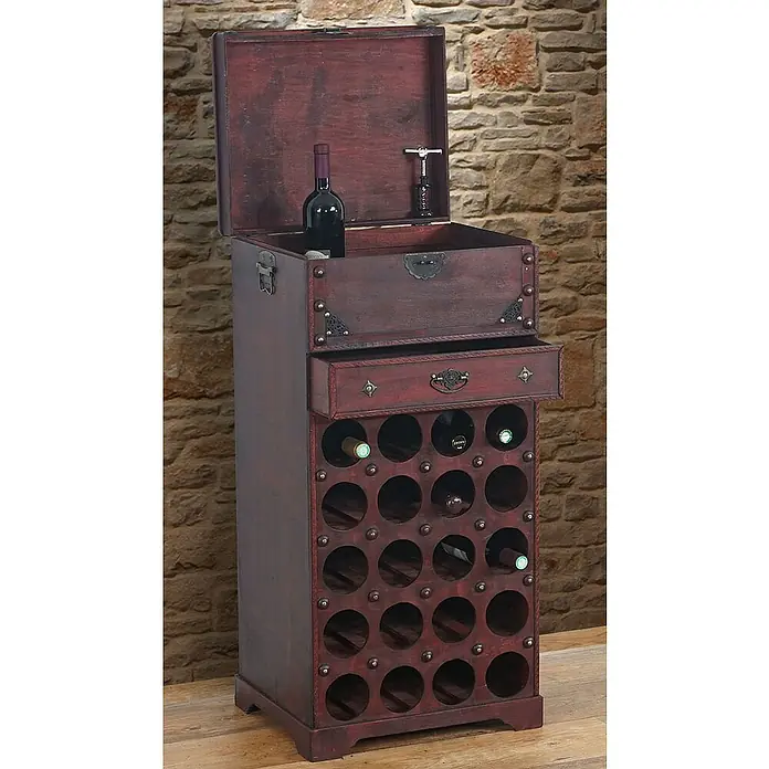 Berlinlodge Flaschenregal Weinregal mit Schublade und Truhe - L x B x H: 38 x 46 x 94 cm, Holz - Weinregal aus Holz mit Flaschen, Schublade, Deckel und Korkenzieher. Rustikales Design mit Nietendetails, ideal für Weinliebhaber.