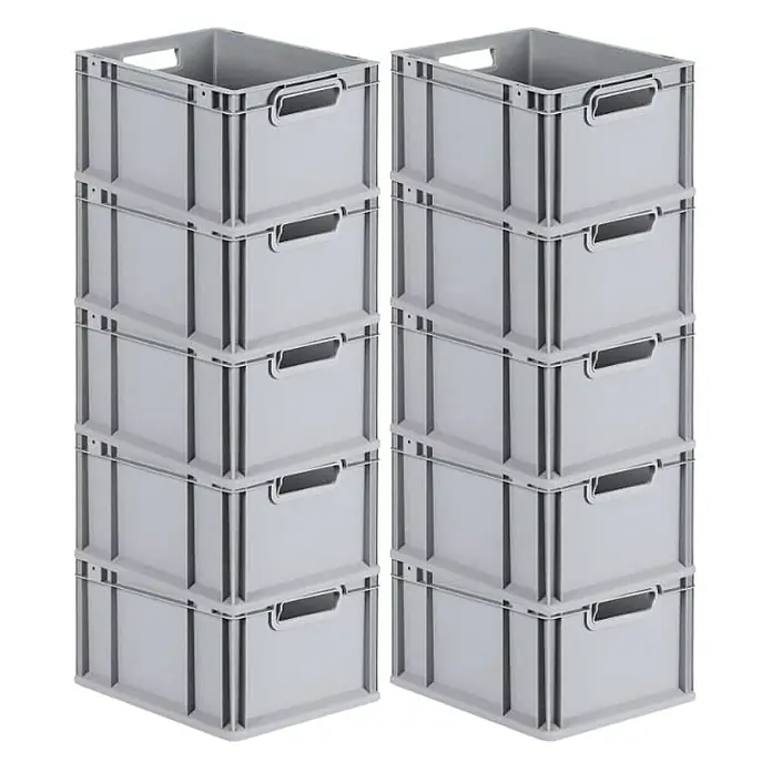 Proregal Euroboxen-Set 10x Eurobox NextGen Economy - L x B x H: 40 x 30 x 22 cm, Kunststoff, Grau, 10 Stk. - Zwei Stapel grauer Eurobehälter aus Kunststoff mit Griffen, die zur Lagerung und zum Transport von Waren dienen.