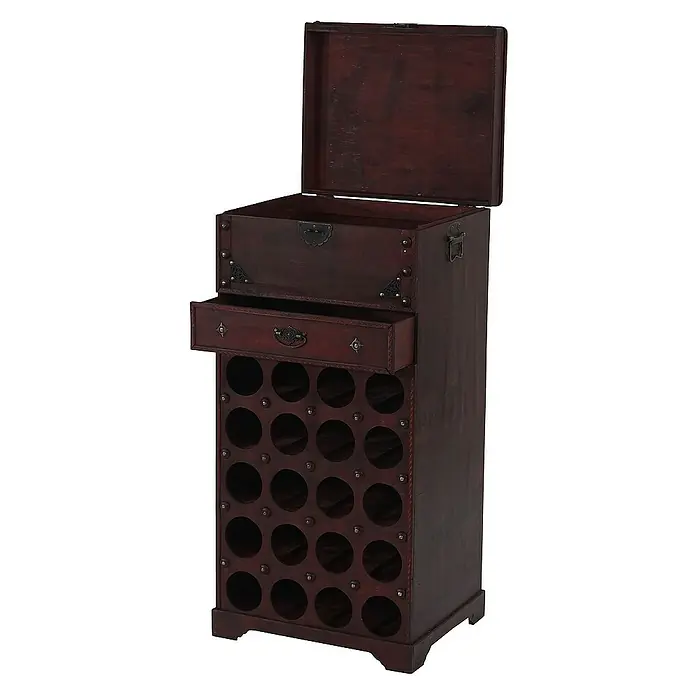 Berlinlodge Flaschenregal Weinregal mit Schublade und Truhe - L x B x H: 38 x 46 x 94 cm, Holz - Weinregal mit Ablage und Schublade. Das Weinregal aus dunklem Holz bietet Platz für Weinflaschen und zusätzlichen Stauraum.