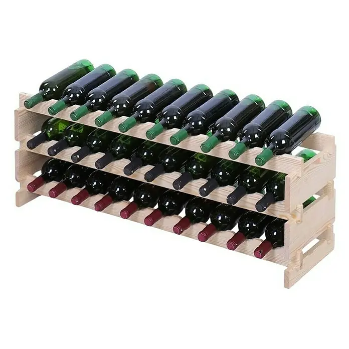Proregal Flaschenregal Weinregal VINOTECA FLEX PRO für 30 Flaschen - L x B x H: 28 x 103 x 37 cm, Holz - Ein hölzernes Weinregal mit mehreren Reihen, gefüllt mit Weinflaschen. Die Flaschen haben Korken in verschiedenen Farben.