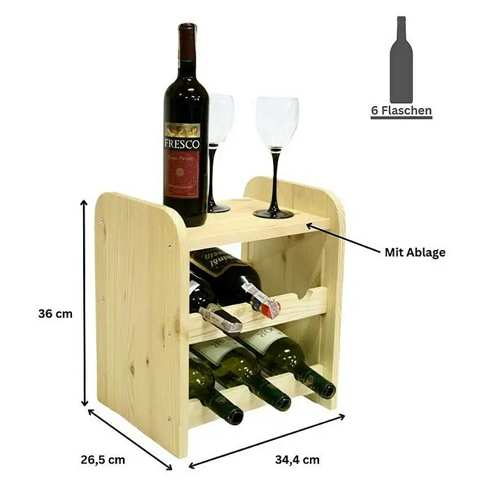 Proregal Flaschenregal Weinregal PINOTWINE C für 6 Flaschen - L x B x H: 26,5 x 34,4 x 36 cm, Holz - Weinregal aus Holz mit Abmessungen und Platz für 6 Flaschen, inklusive Ablage für Gläser.