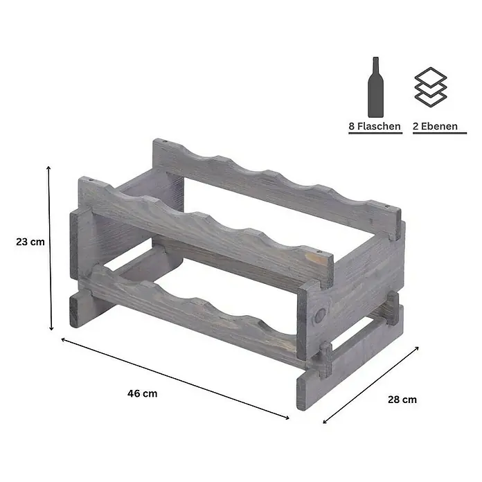 Proregal Flaschenregal Weinregal VINOTECA FLEX PRO für 8 Flaschen - L x B x H: 28 x 46 x 23 cm, Holz, Anzahl Böden: 2 Stk. - Grauer Weinflaschenständer aus Holz für 8 Flaschen, mit den Maßen 46x28x23 cm, ideal für die stilvolle Lagerung von Wein.