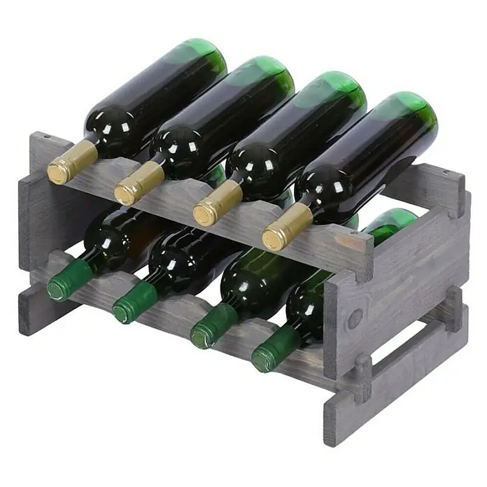 Proregal Flaschenregal Weinregal VINOTECA FLEX PRO für 8 Flaschen - L x B x H: 28 x 46 x 23 cm, Holz, Anzahl Böden: 2 Stk. - Das Bild zeigt ein hölzernes Weinregal mit acht Weinflaschen, die waagerecht in zwei Reihen angeordnet sind. Das Regal ist aus grauem Holz gefertigt.