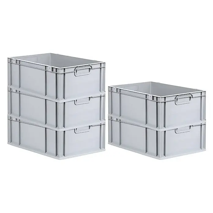 Proregal Euroboxen-Set 5x Eurobox NextGen Economy - L x B x H: 60 x 40 x 22 cm, Kunststoff, Grau, 5 Stk. - Stapel von grauen, rechteckigen Kunststoffboxen mit Griffen, die ideal für Lagerung und Organisation sind. Praktische und robuste Lagerbehälter.