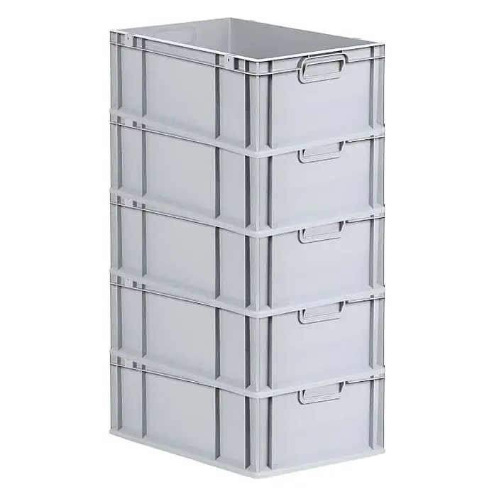 Proregal Euroboxen-Set 5x Eurobox NextGen Economy - L x B x H: 60 x 40 x 22 cm, Kunststoff, Grau, 5 Stk. - Gestapelte graue Kunststoffboxen mit Griffen, ideal für Lagerung und Organisation. Die robusten Behälter sind platzsparend und vielseitig einsetzbar.