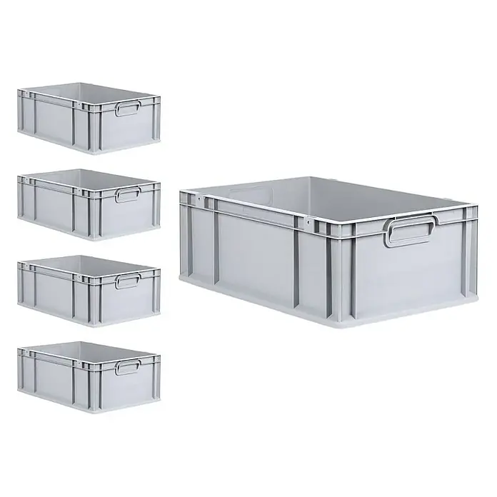 Proregal Euroboxen-Set 5x Eurobox NextGen Economy - L x B x H: 60 x 40 x 22 cm, Kunststoff, Grau, 5 Stk. - Abbildung von fünf grauen Kunststoffboxen, die sich ideal zur Aufbewahrung und Organisation verschiedener Gegenstände eignen.