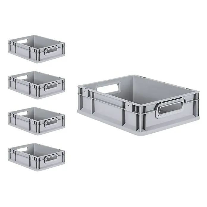Proregal Euroboxen-Set 5x Eurobox NextGen Grip - L x B x H: 40 x 30 x 12 cm, Kunststoff, Grau, 5 Stk. - Ein hellgrauer Kunststoffbehälter mit Griffen und stabilen, senkrechten Verstärkungen, ideal für Lagerung und Transport.
