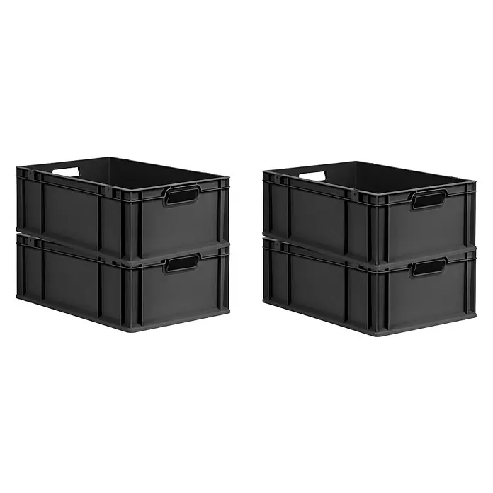Proregal Euroboxen-Set 4x Eurobox NextGen Grip - L x B x H: 60 x 40 x 22 cm, Kunststoff, Schwarz, 4 Stk. - Zwei Stapel mit je zwei schwarzen Kunststoffkisten, ideal für Lagerung und Organisation. Praktische Behälter für Werkstatt, Garage oder Büro.