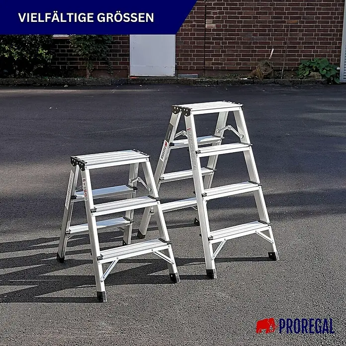 Proregal Doppel-Klapptritt APOLLO - Anzahl Tritte: 8 Stk., Belastbarkeit: 150 kg, Aluminium - Zwei ProRegal Tritthocker in verschiedenen Größen im Freien, ideal für Hausarbeiten und Garten.