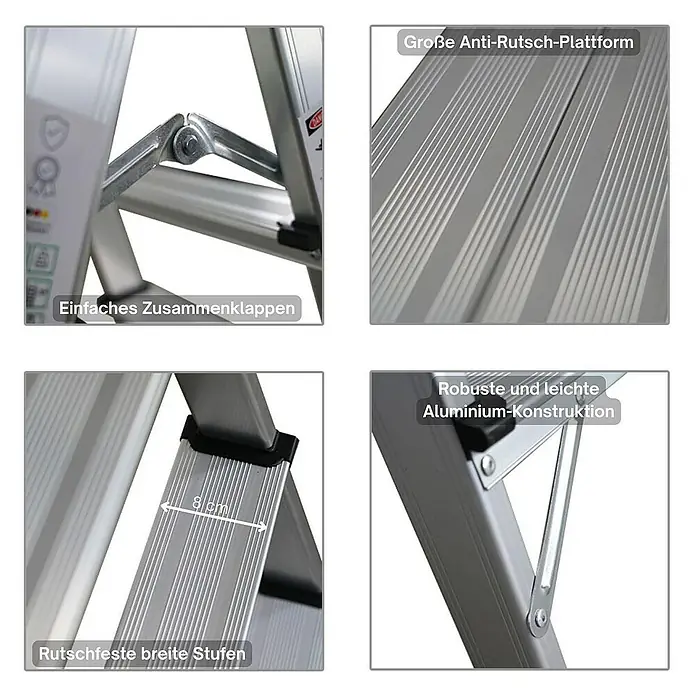 Proregal Doppel-Klapptritt APOLLO - Anzahl Tritte: 8 Stk., Belastbarkeit: 150 kg, Aluminium - Detailansichten einer robusten und leichten Aluminium-Konstruktionsleiter mit rutschfesten Stufen und einer Anti-Rutsch-Plattform. Einfaches Zusammenklappen.