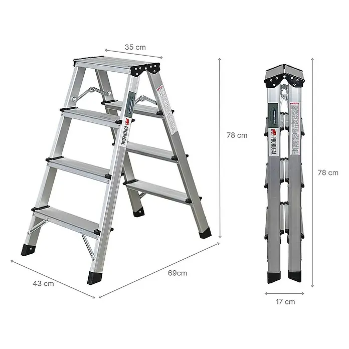 Proregal Doppel-Klapptritt APOLLO - Anzahl Tritte: 8 Stk., Belastbarkeit: 150 kg, Aluminium - Aluminium-Trittleiter mit vier Stufen, sowohl geöffnet als auch zusammengeklappt dargestellt, mit Maßangaben versehen.