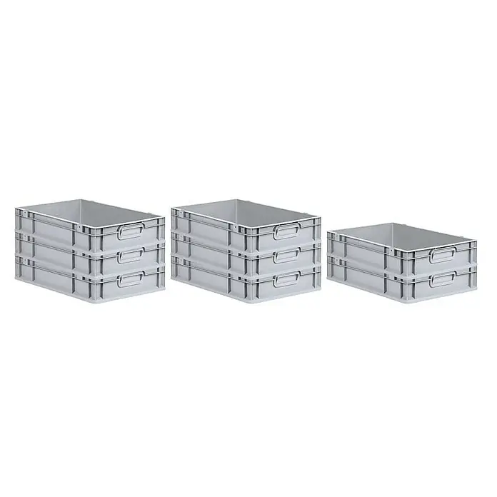 Proregal Euroboxen-Set 8x Eurobox NextGen Grip - L x B x H: 60 x 40 x 12 cm, Kunststoff, Grau, 8 Stk. - Drei Stapel mit grauen Eurobehältern. Perfekt für Lagerung und Transport, vielseitig einsetzbar und robust. Ideal für Industrie und Gewerbe.