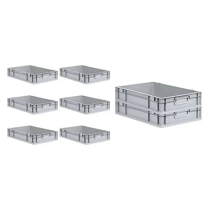 Proregal Euroboxen-Set 8x Eurobox NextGen Grip - L x B x H: 60 x 40 x 12 cm, Kunststoff, Grau, 8 Stk. - Sieben graue Lagerbehälter aus Kunststoff, sechs davon einzeln und zwei übereinander gestapelt. Sie sind ideal für Lagerung.