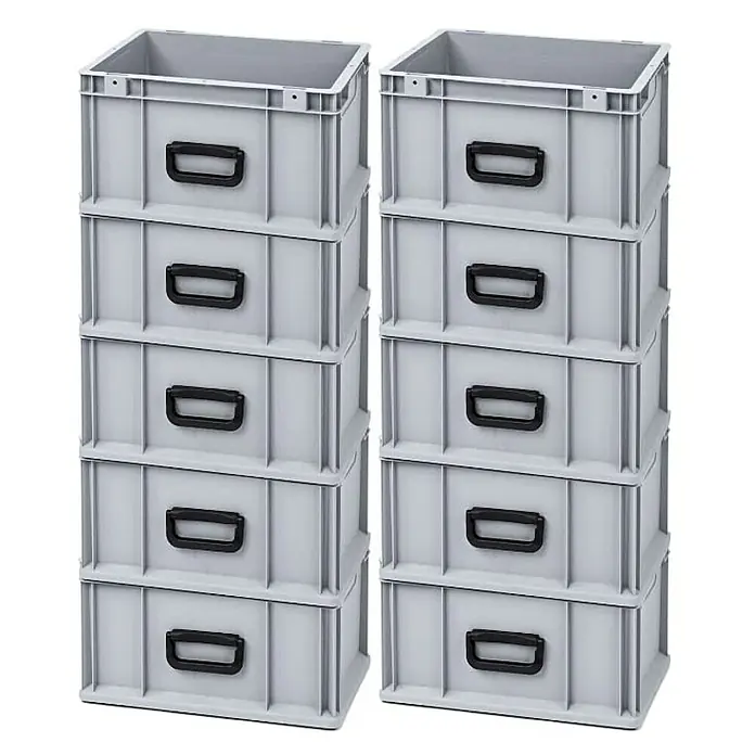 Proregal Eurobox Eurobox NextGen Portable Uno - L x B x H: 40 x 30 x 22 cm, Kunststoff, Grau - Das Bild zeigt zwei Stapel grauer Aufbewahrungsboxen mit schwarzen Griffen. Jede Box ist sauber gestapelt und bietet Stauraum.