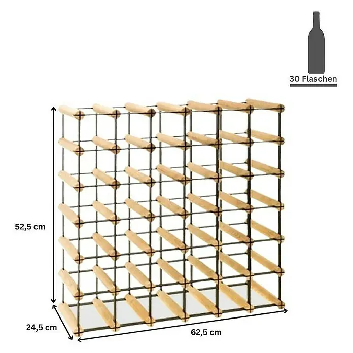 Proregal Flaschenregal Modulares Weinregal VINOTECA MOD METAL für 6x5 Flaschen - L x B x H: 24,5 x 62,5 x 52,5 cm, Holz - Bild eines Weinregals für 30 Flaschen, aus Holz und Metall, mit den Maßen 52,5 x 62,5 x 24,5 cm.\n