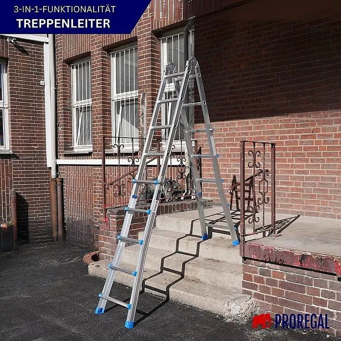 Proregal Mehrzweckleiter APOLLO 3-in-1 - Anzahl Tritte: 20 Stk., Arbeitshöhe: 6.500 mm, Belastbarkeit: 150 kg, Aluminium - Die 3-in-1-Funktions-Treppenleiter bietet Flexibilität und Sicherheit für verschiedene Aufgaben rund um Haus und Garten.
