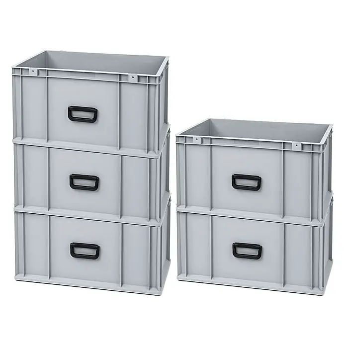 Proregal Euroboxen-Set 5x Eurobox NextGen Portable Uno - L x B x H: 60 x 40 x 32 cm, Kunststoff, Grau, 5 Stk. - Graue Kunststoffboxen sind in zwei Stapeln angeordnet, mit drei Boxen im linken Stapel und zwei Boxen im rechten Stapel.