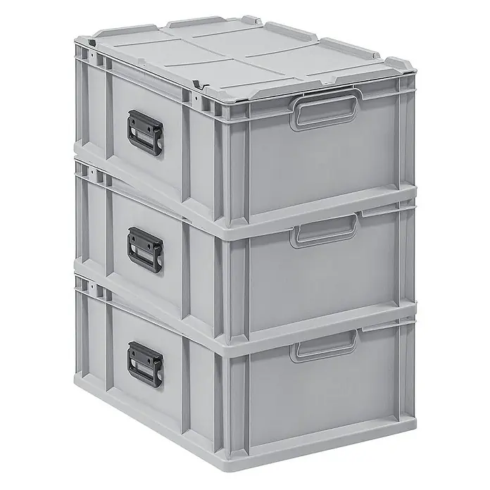 Proregal Euroboxen-Set 3x Eurobox NextGen Portable - L x B x H: 60 x 40 x 23,5 cm, Kunststoff, Grau, 3 Stk. - Ein Stapel aus drei grauen Lagerboxen aus Kunststoff, die für Ordnung und Lagerung konzipiert sind. Die Boxen sind robust und stapelbar.